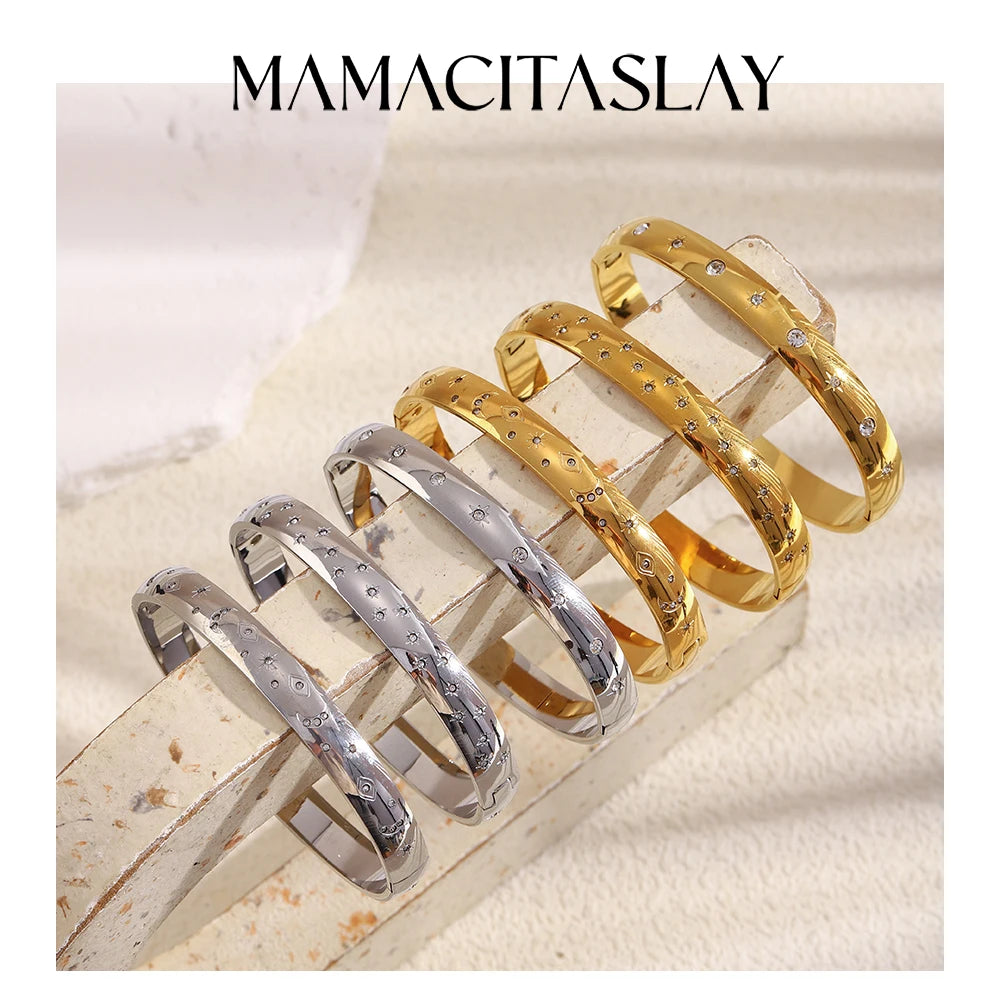MamacitaSlay 316L Stainless Steel Star Moon Open Bracelet Bracelet 18K Gold Plated Waterproof Jewelry Women's Unique Bracelet
