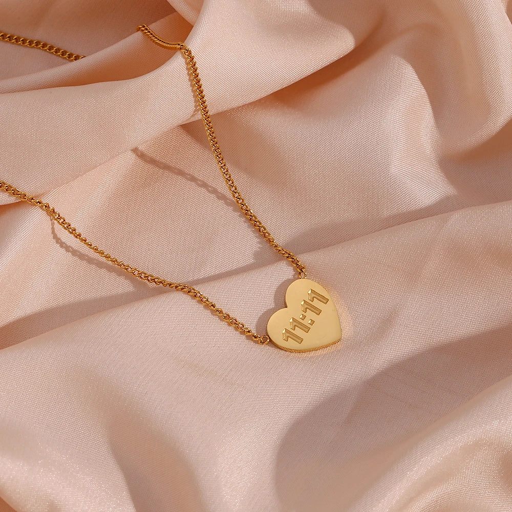 MamacitaSlay Latest Design 11:11 Heart Pendant Necklaces 18K Gold-Plated Stainless Steel Waterproof Jewelry for Women