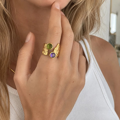 MamacitaSlay 316L Stainless Steel Hammered Texture Asymmetric Zircon Ring 18K Gold Plated Waterproof Vintage Jewelry For Women