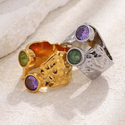 MamacitaSlay 316L Stainless Steel Hammered Texture Asymmetric Zircon Ring 18K Gold Plated Waterproof Vintage Jewelry For Women