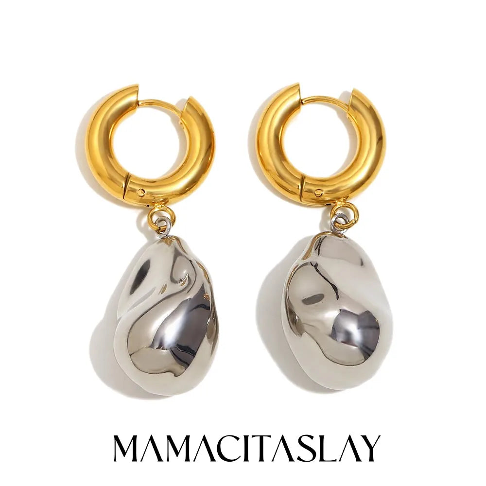 MamacitaSlay Unique Stainless Steel Double Color Irregular Pendant Hoop Earrings Women's Charm Waterproof Jewelry Creative Gift