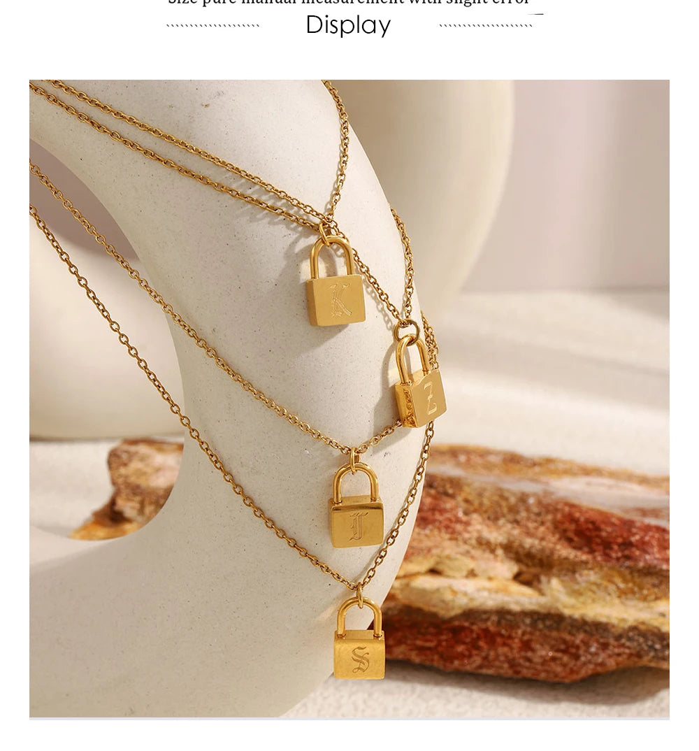MamacitaSlay 316L Stainless Steel Ancient Letters Engaged Lock Pendant Necklace 18K Gold Plated Waterproof Neck Jewelry Gift