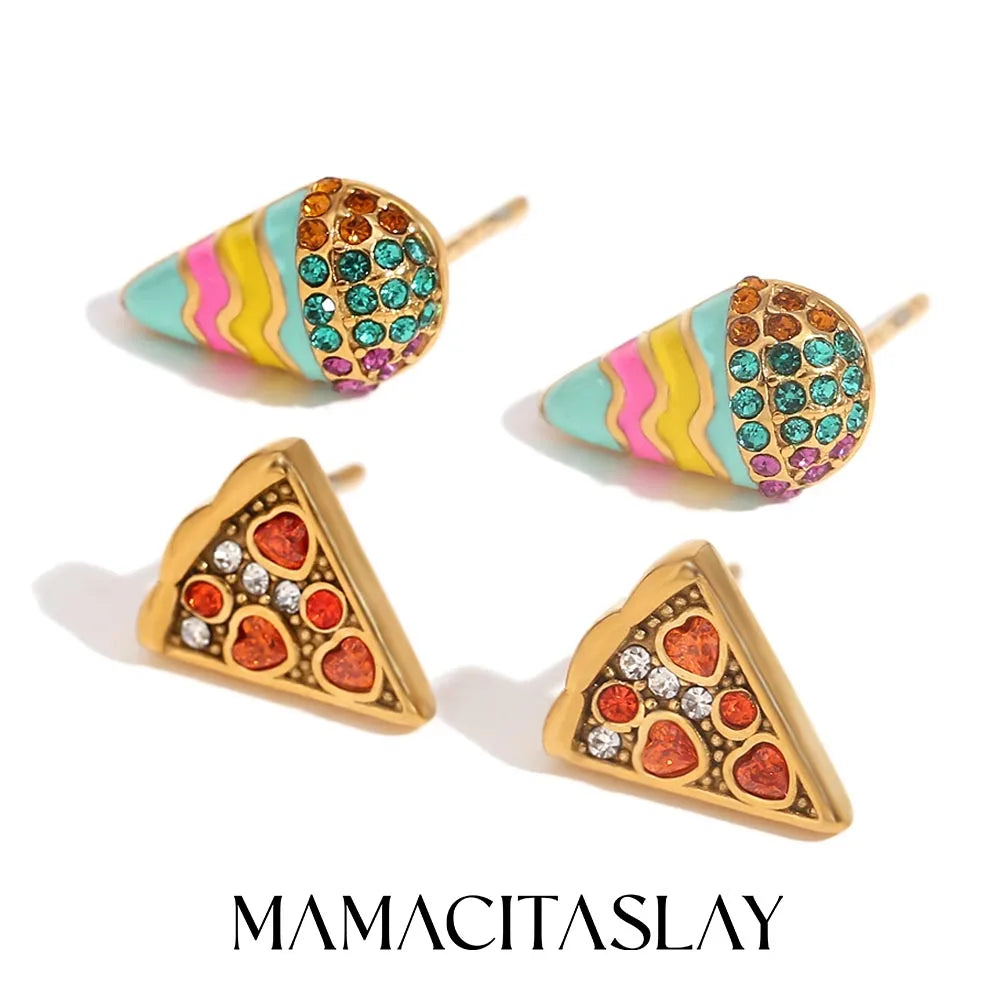MamacitaSlay Sweet colorful enamel sandwich pizza ice cream sparkling Women's earrings gold plated Jewelry Woman accesories