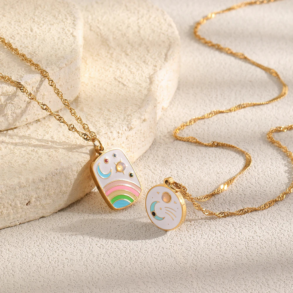 MamacitaSlay 316L Stainless Steel Rainbow Moon Star Enamel Necklace 18K Gold Plated Waterproof Jewelry For Women Everyday Wear
