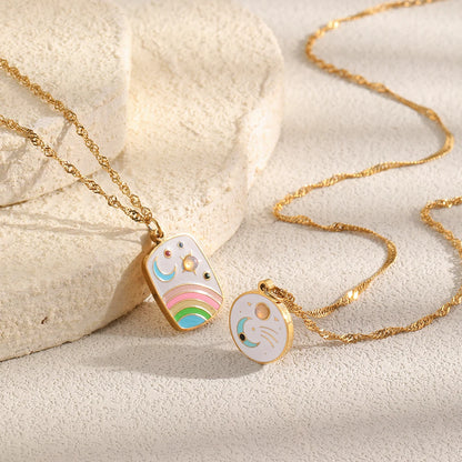 MamacitaSlay 316L Stainless Steel Rainbow Moon Star Enamel Necklace 18K Gold Plated Waterproof Jewelry For Women Everyday Wear