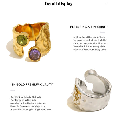 MamacitaSlay 316L Stainless Steel Hammered Texture Asymmetric Zircon Ring 18K Gold Plated Waterproof Vintage Jewelry For Women