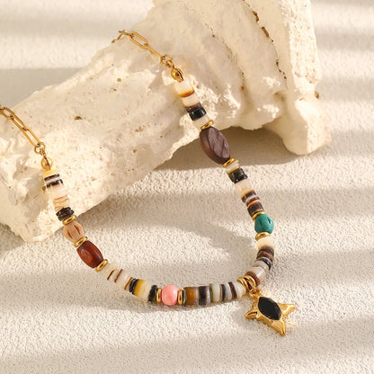 MamacitaSlay 316L Stainless Steel Natural Stone Bead Black Star Necklace 18K Gold Plated Waterproof Jewelry For Women Boho Gifts