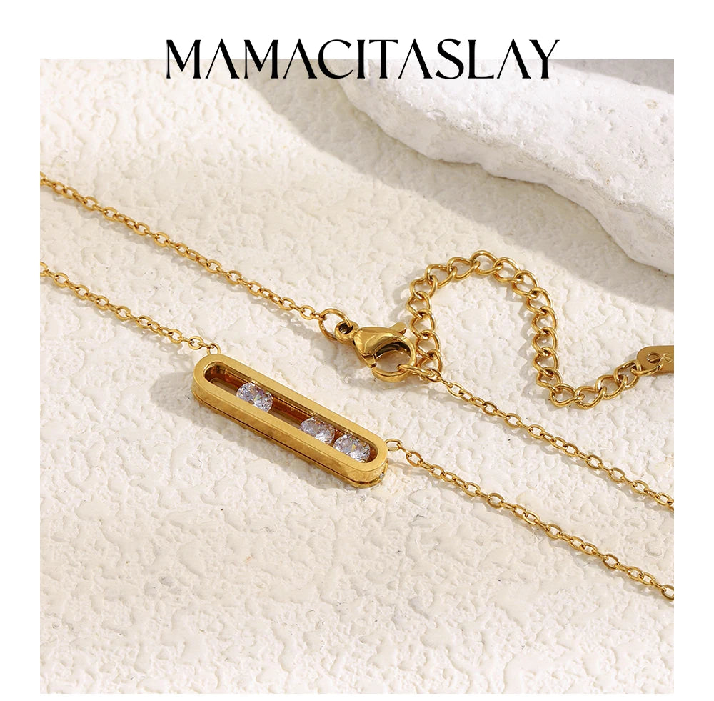 MamacitaSlay 316L Stainless Steel Movable Zircon Rectangular Pendant Waterproof 18K Gold Plated Jewelry Women's Elegant Necklace