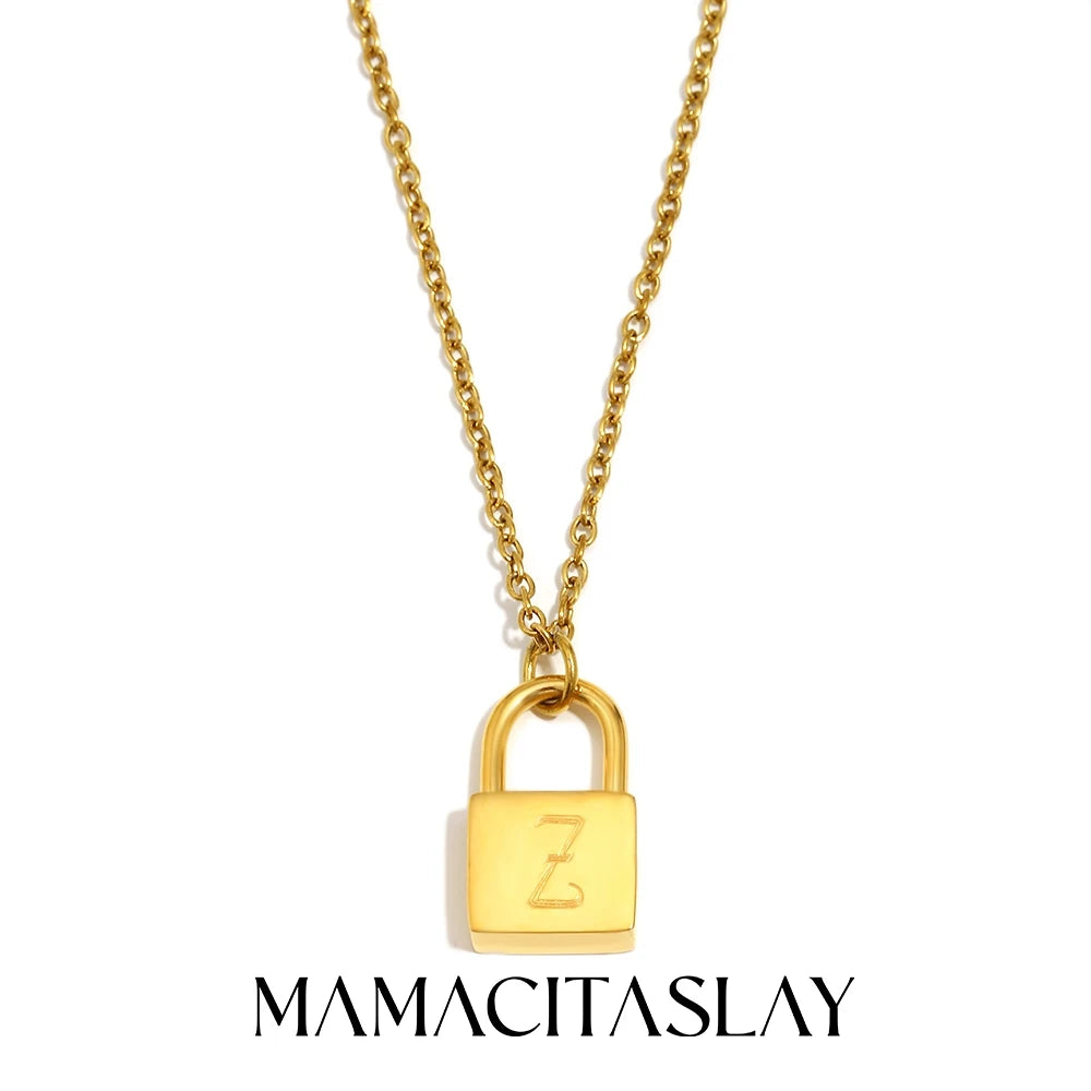 MamacitaSlay 316L Stainless Steel Ancient Letters Engaged Lock Pendant Necklace 18K Gold Plated Waterproof Neck Jewelry Gift