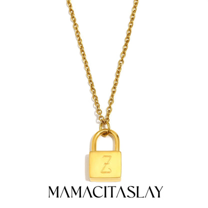 MamacitaSlay 316L Stainless Steel Ancient Letters Engaged Lock Pendant Necklace 18K Gold Plated Waterproof Neck Jewelry Gift