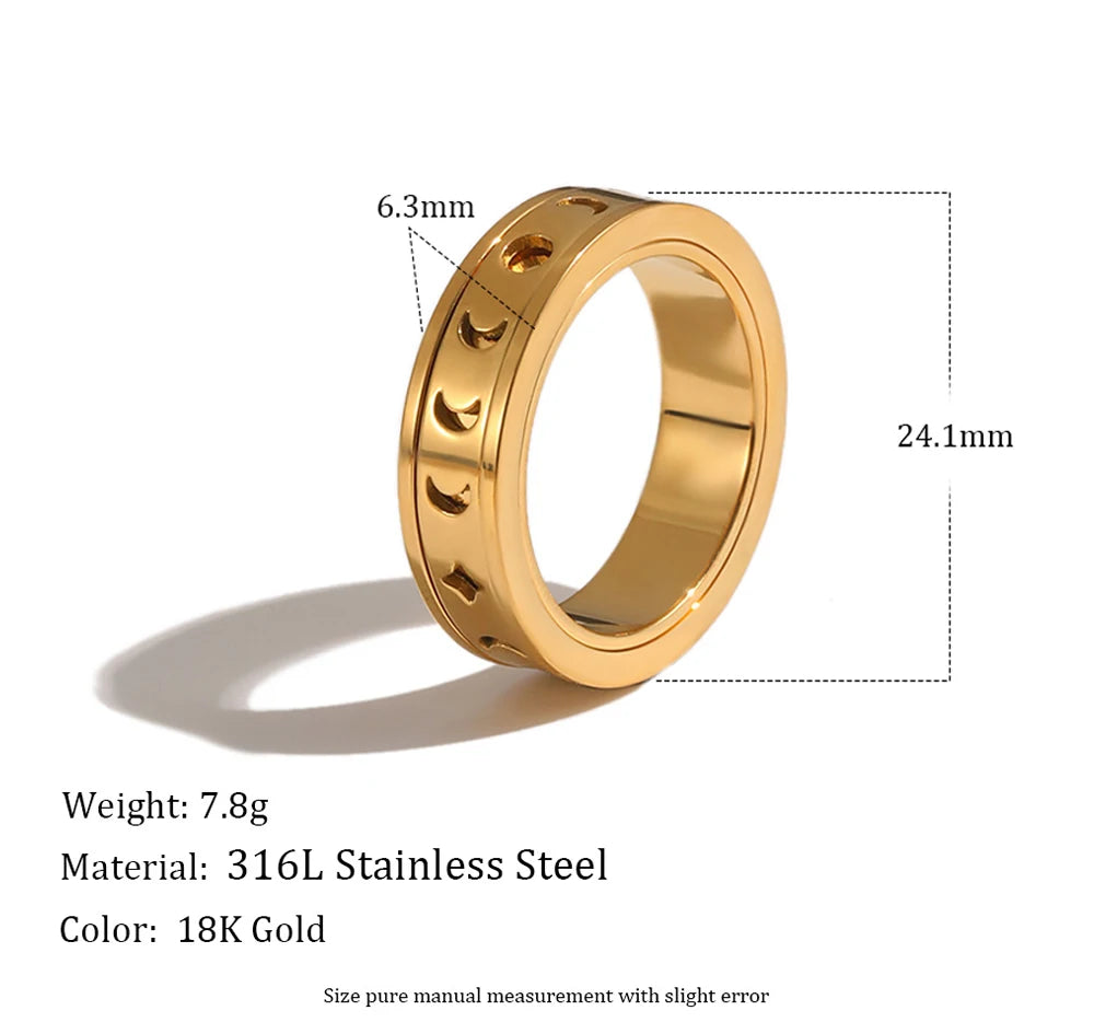 MamacitaSlay 316L Stainless Steel Spinning Moon Star Hollow Out Zircon Ring 18K Gold Plated Waterproof Jewelry For Women Gift