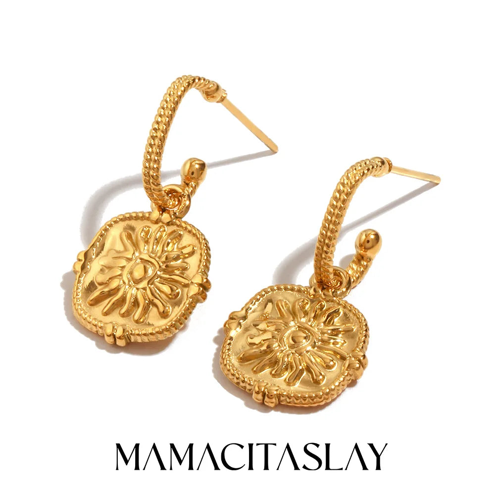MamacitaSlay 316L Stainless Steel Vintage Sun Medallion Earrings 18K Gold Plated Waterproof Jewelry For Women Trendy Earrings