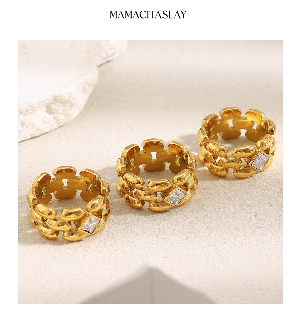 MamacitaSlay 316L Stainless Steel Zircon Hollow Out Ring 18K Gold Plated Waterproof Jewelry Women's High Quality Ring 2025 Gift