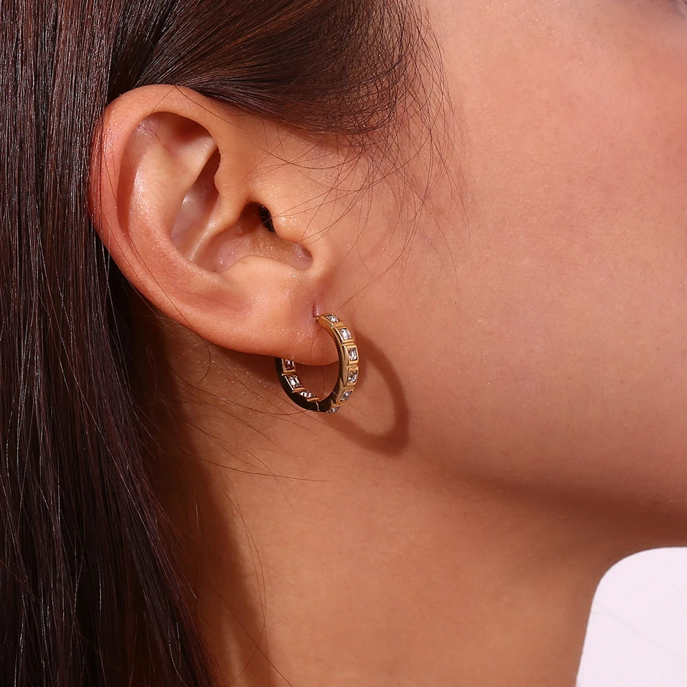 MamacitaSlay Classic Luxury Inlaid Square AAA Zircon Hoop Earrings Tarnish Free 18K Gold Plated Stainless Steel Earrings Woman