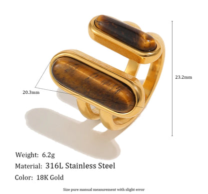 MamacitaSlay 316L Stainless Steel Tiger Eye Asymmetric Ring 18K Gold Plated Waterproof Vintage Jewelry For Women Everyday Wear
