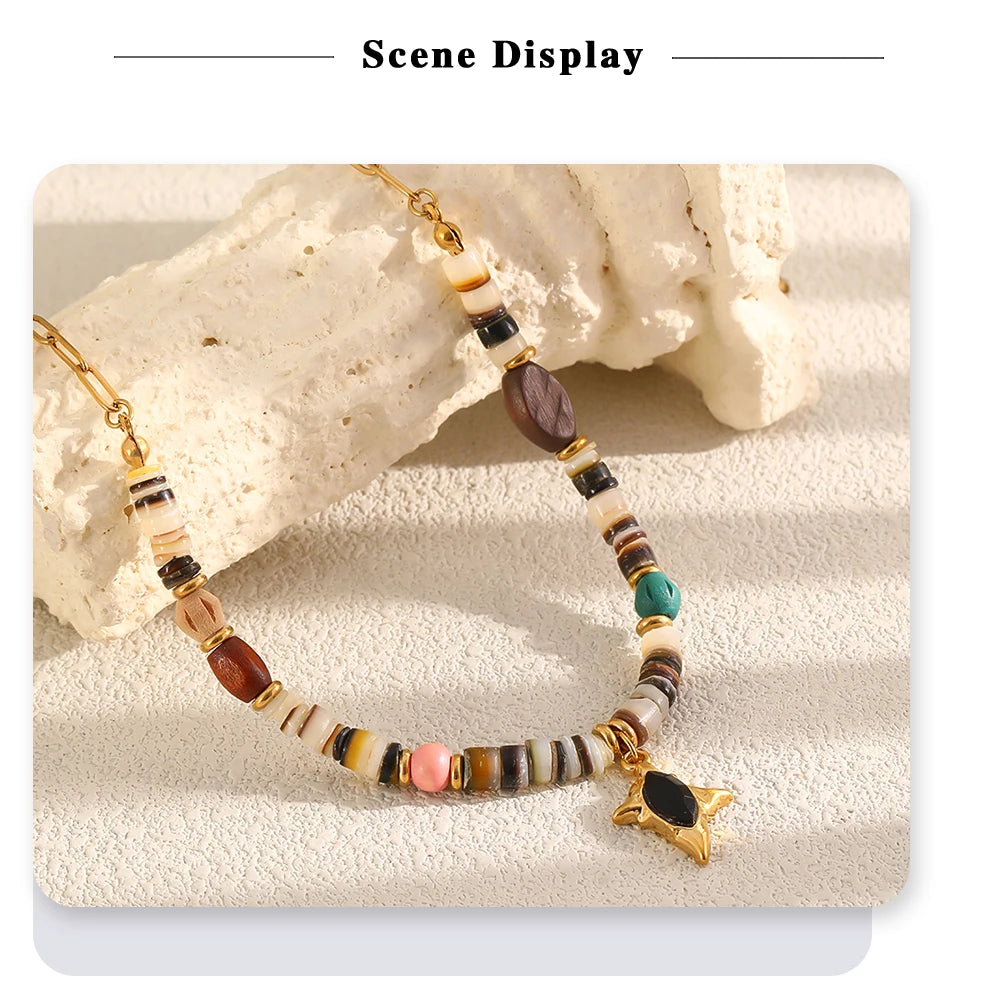 MamacitaSlay 316L Stainless Steel Natural Stone Bead Black Star Necklace 18K Gold Plated Waterproof Jewelry For Women Boho Gifts