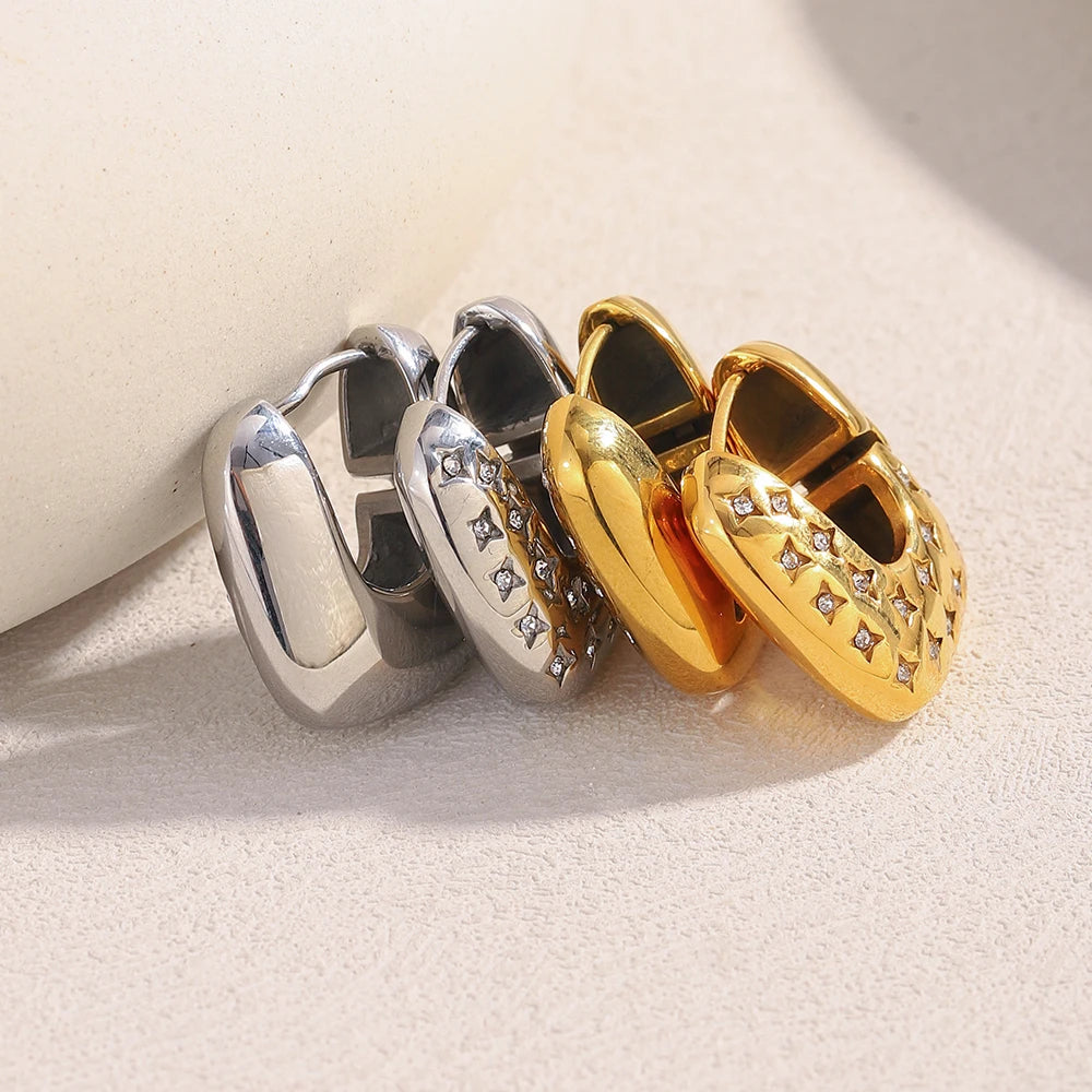 MamacitaSlay 316L Stainless Steel Zircon Star Square Hoop Earrings 18K Gold Plated Waterproof Jewelry For Women Gift Daily Wear
