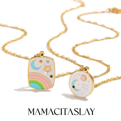 MamacitaSlay 316L Stainless Steel Rainbow Moon Star Enamel Necklace 18K Gold Plated Waterproof Jewelry For Women Everyday Wear