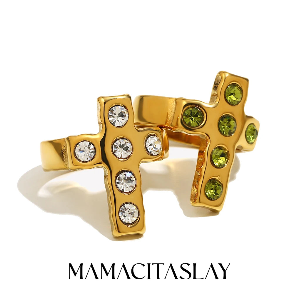 MamacitaSlay 316L Stainless Steel Zircon Cross Ring Party Waterproof Jewelry Women's High Quality Ring 2025 Classic Charm Gift