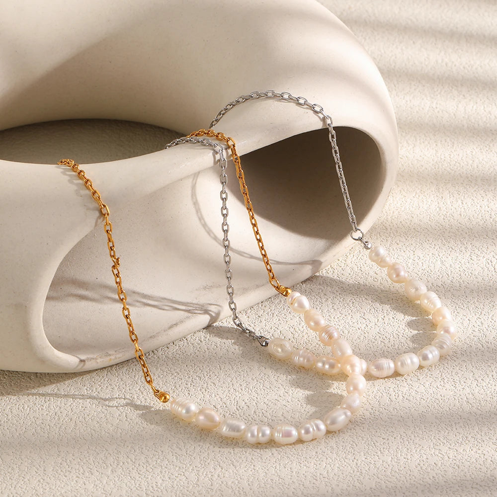 MamacitaSlay 316L Stainless Steel Zircon Baroque Pearl Earrings Necklace 18K Gold Plated Waterproof Jewelry Set For Women Gift