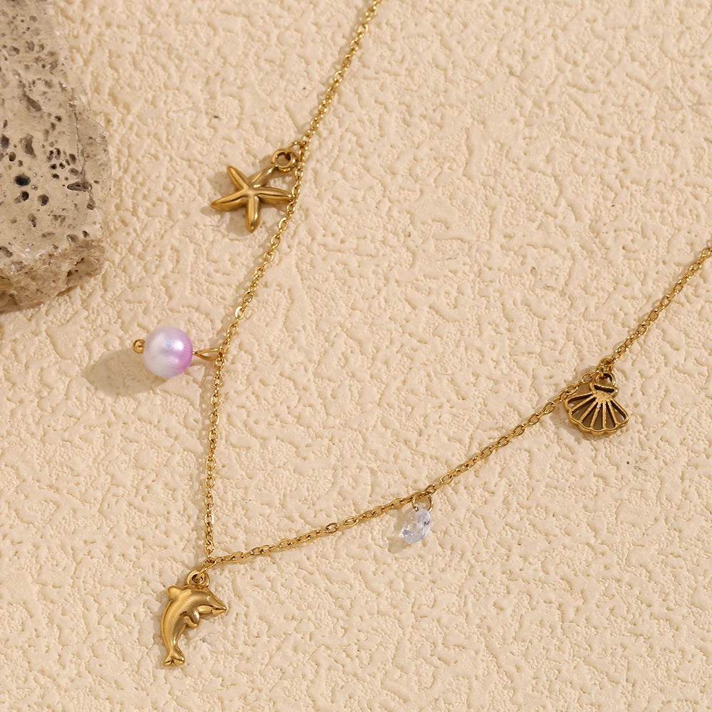 MamacitaSlay Popular Ocean Series Sea Mini Dolphin Starfish Scallop Pendant Thin Chain Necklace stainless steel women's jewelry
