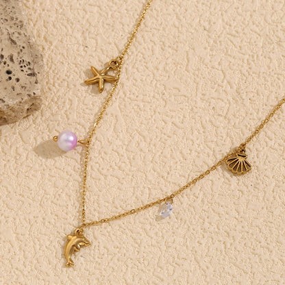 MamacitaSlay Popular Ocean Series Sea Mini Dolphin Starfish Scallop Pendant Thin Chain Necklace stainless steel women's jewelry