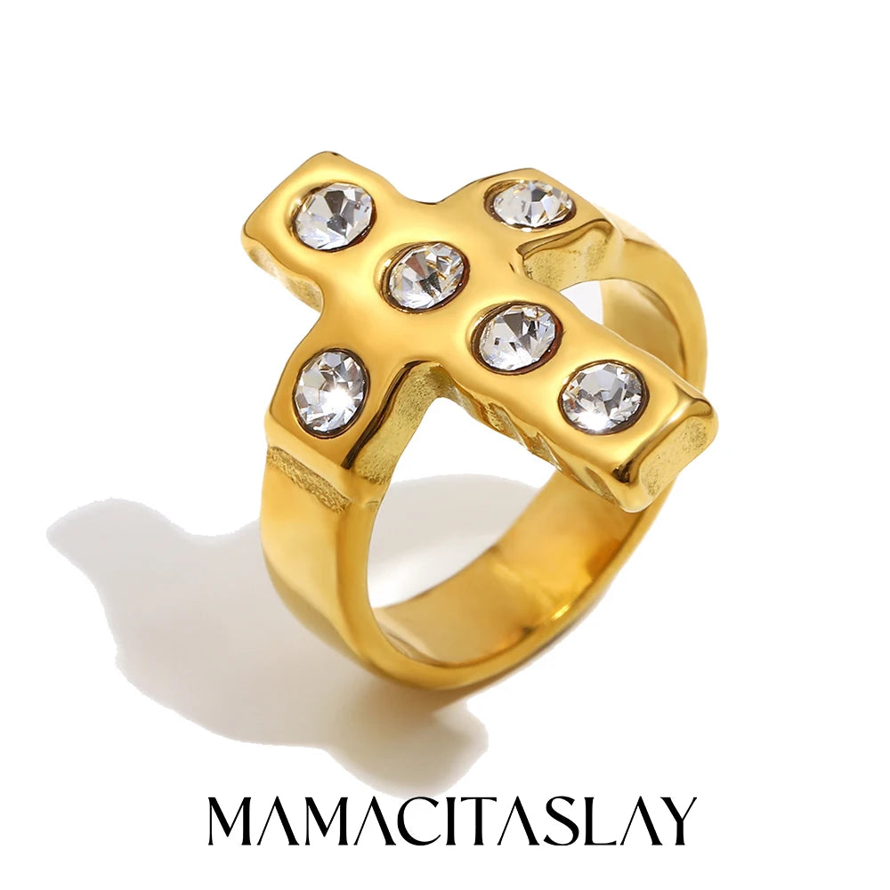 MamacitaSlay 316L Stainless Steel Zircon Cross Ring Party Waterproof Jewelry Women's High Quality Ring 2025 Classic Charm Gift