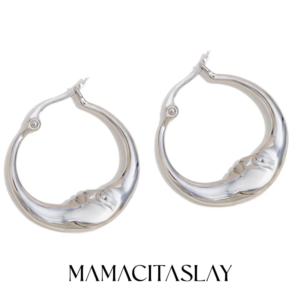 MamacitaSlay 18K Gold Plated Stainless Steel Moon Hoop Earrings Unique Waterproof Jewelry Women's Charm Statement Earrings Gift