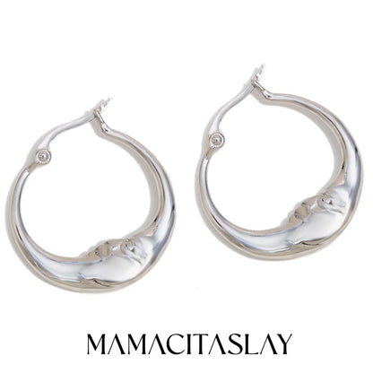 MamacitaSlay 18K Gold Plated Stainless Steel Moon Hoop Earrings Unique Waterproof Jewelry Women's Charm Statement Earrings Gift