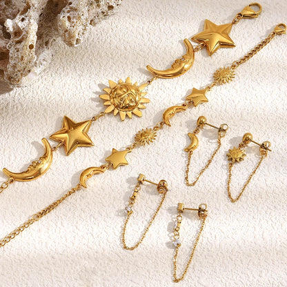 MamacitaSlay 316L Stainless Steel Sun Moon Star Bracelet Earrings Waterproof 18K Gold Plated Jewelry Creative Accessories Gift