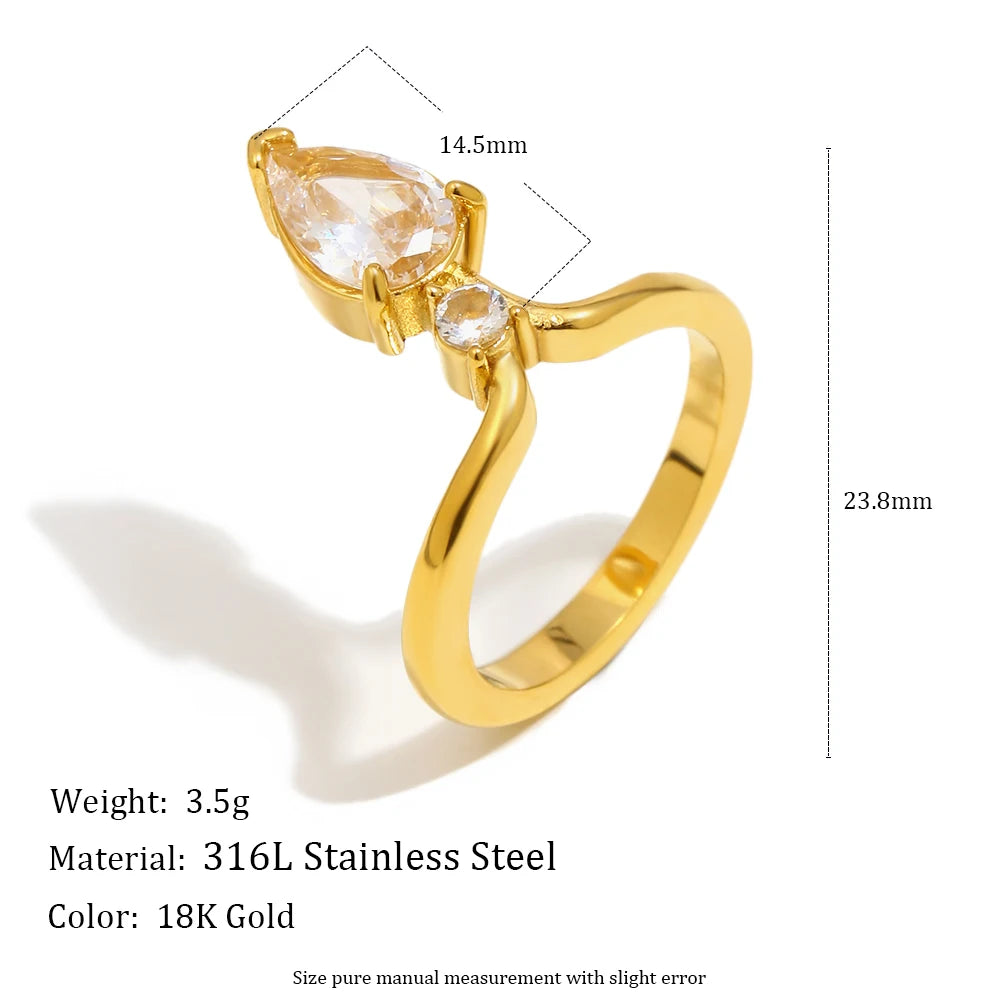 MamacitaSlay 316L Stainless Steel Zircon Water Droplet Crown Ring 18K Gold Plated Waterproof Jewelry Women's Elegant Ring Gift