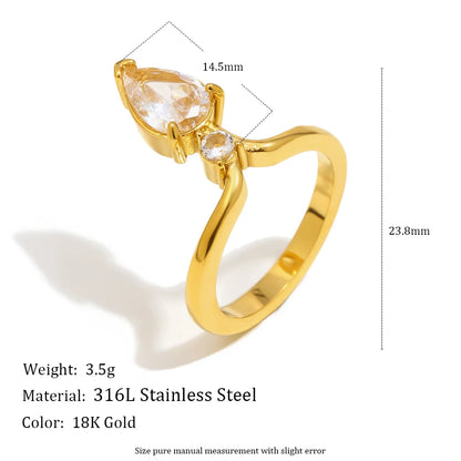 MamacitaSlay 316L Stainless Steel Zircon Water Droplet Crown Ring 18K Gold Plated Waterproof Jewelry Women's Elegant Ring Gift