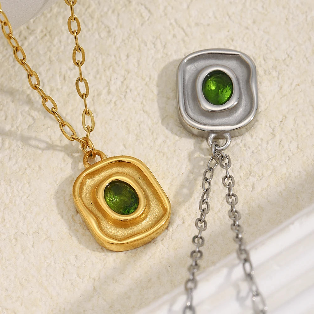 MamacitaSlay Retro Irregular Pendant Round Green Zircon Paper Clip Chain Women's Necklace Trendy Women's Stainless Steel Jewelry