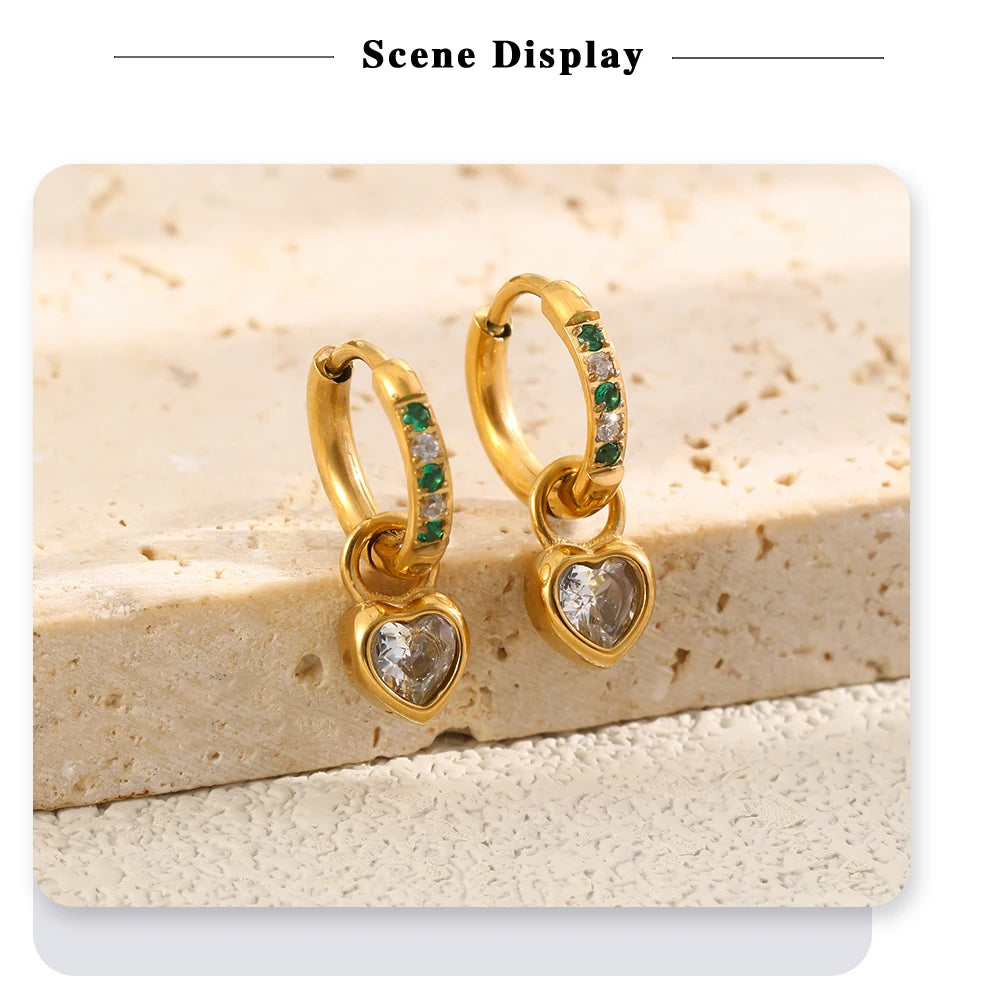 MamacitaSlay 316L Stainless Steel Heart Zircon Hoop Earrings 18K Gold Plated Waterproof Jewelry For Women Daily Party Retro Gift