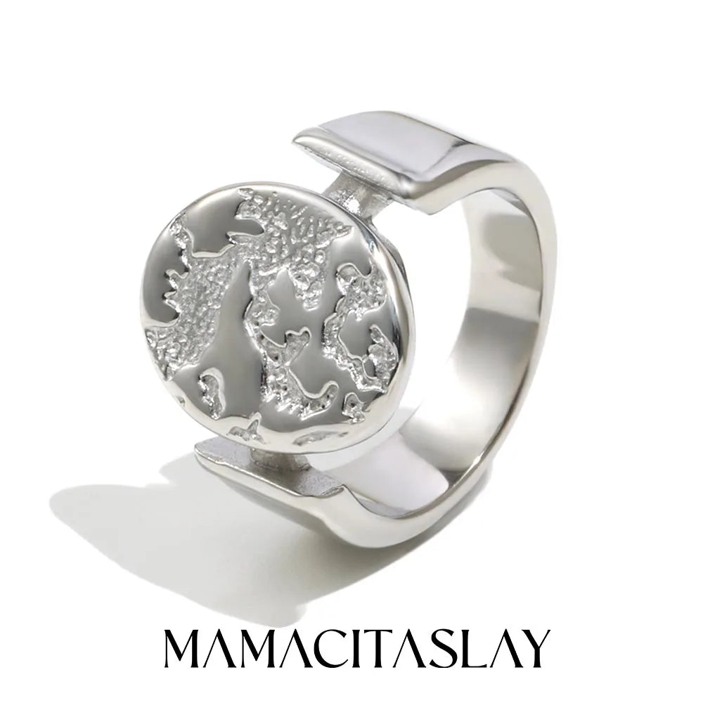 MamacitaSlay 316L Stainless Steel Mixed Color Planet Relief Oval Ring 18K Gold Plated Waterproof Jewelry Women's Unique Ring