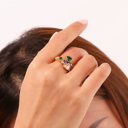 MamacitaSlay 316L Stainless Steel Zircon Heart Opening Ring 2025 Party Waterproof 18K Gold Plated Jewelry Women's Elegant Gift