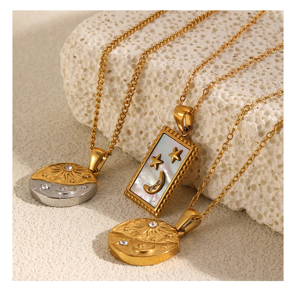 MamacitaSlay 316L Stainless Steel Zircon Celestial Sun Moon Star Pendant Necklace 18K Gold Plated Waterproof Jewelry For Women