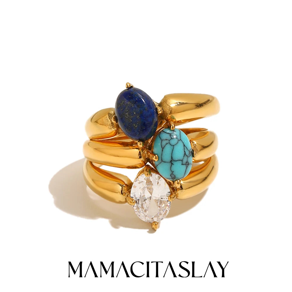 MamacitaSlay 316L Stainless Steel Oval Zircon Natural Stone Stacked Ring 18K Gold Plated Waterproof Vintage Jewelry For Women