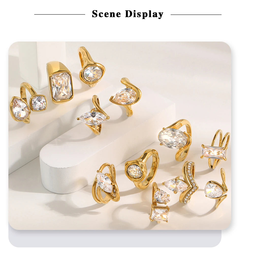 MamacitaSlay 316L Stainless Steel Oval Zircon Natural Stone Stacked Ring 18K Gold Plated Waterproof Vintage Jewelry For Women