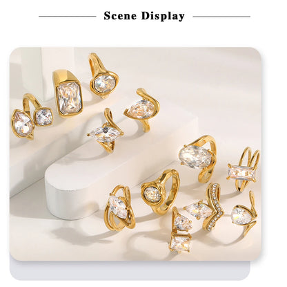 MamacitaSlay 316L Stainless Steel Oval Zircon Natural Stone Stacked Ring 18K Gold Plated Waterproof Vintage Jewelry For Women