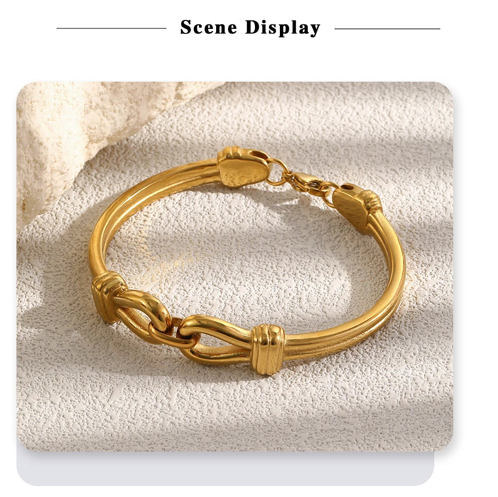 MamacitaSlay 316L Stainless Steel Interlocking Double Link Bangle 18K Gold Plated Waterproof Jewelry For Women Daily Bracelet