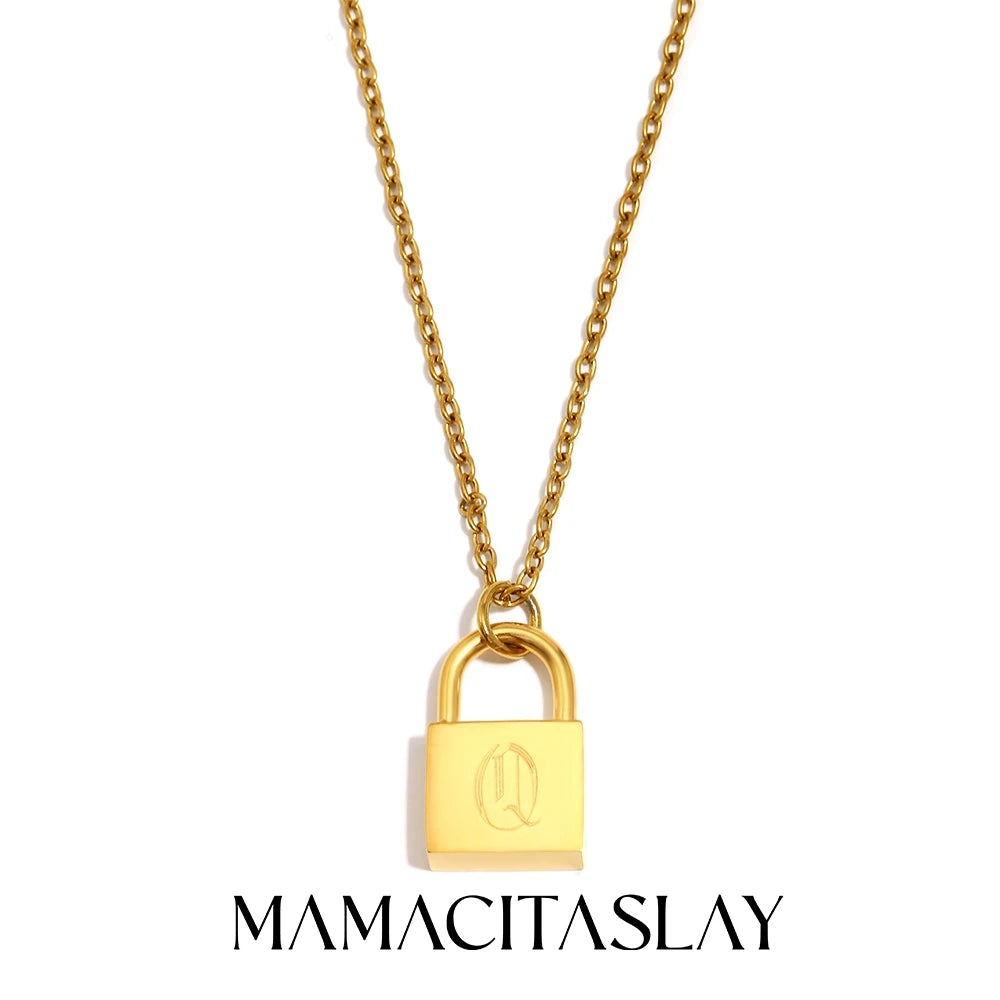 MamacitaSlay 316L Stainless Steel Ancient Letters Engaged Lock Pendant Necklace 18K Gold Plated Waterproof Neck Jewelry Gift