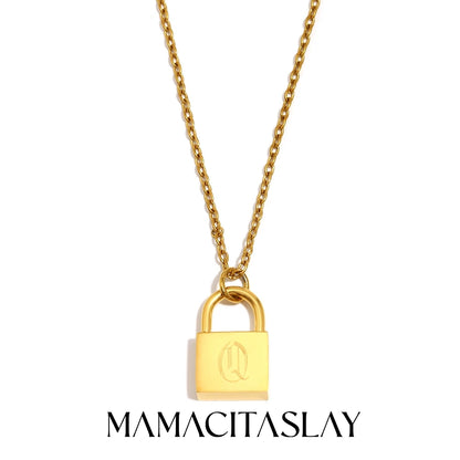 MamacitaSlay 316L Stainless Steel Ancient Letters Engaged Lock Pendant Necklace 18K Gold Plated Waterproof Neck Jewelry Gift