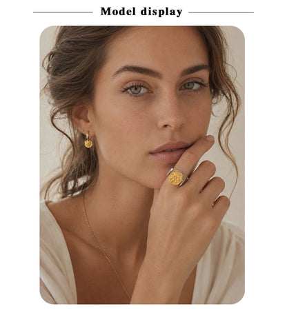 MamacitaSlay 316L Stainless Steel Mixed Color Planet Relief Oval Ring 18K Gold Plated Waterproof Jewelry Women's Unique Ring