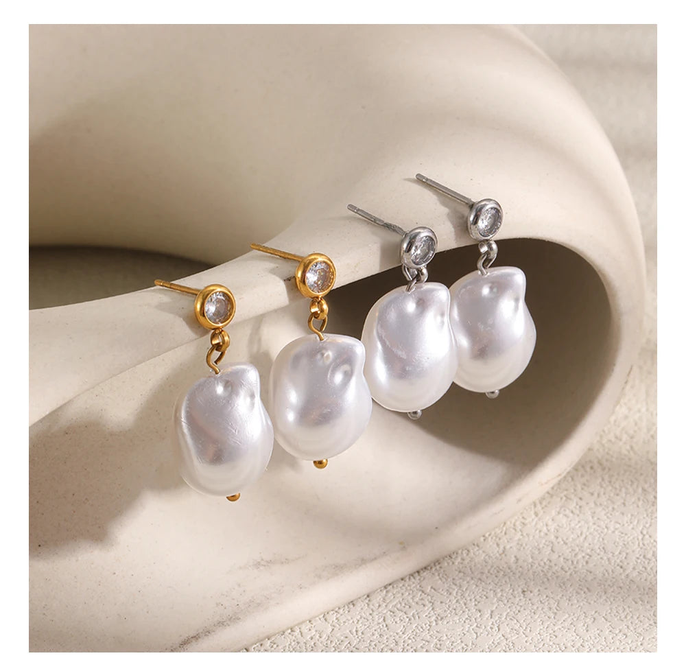 MamacitaSlay 316L Stainless Steel Zircon Baroque Pearl Earrings Necklace 18K Gold Plated Waterproof Jewelry Set For Women Gift