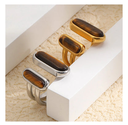 MamacitaSlay 316L Stainless Steel Tiger Eye Asymmetric Ring 18K Gold Plated Waterproof Vintage Jewelry For Women Everyday Wear