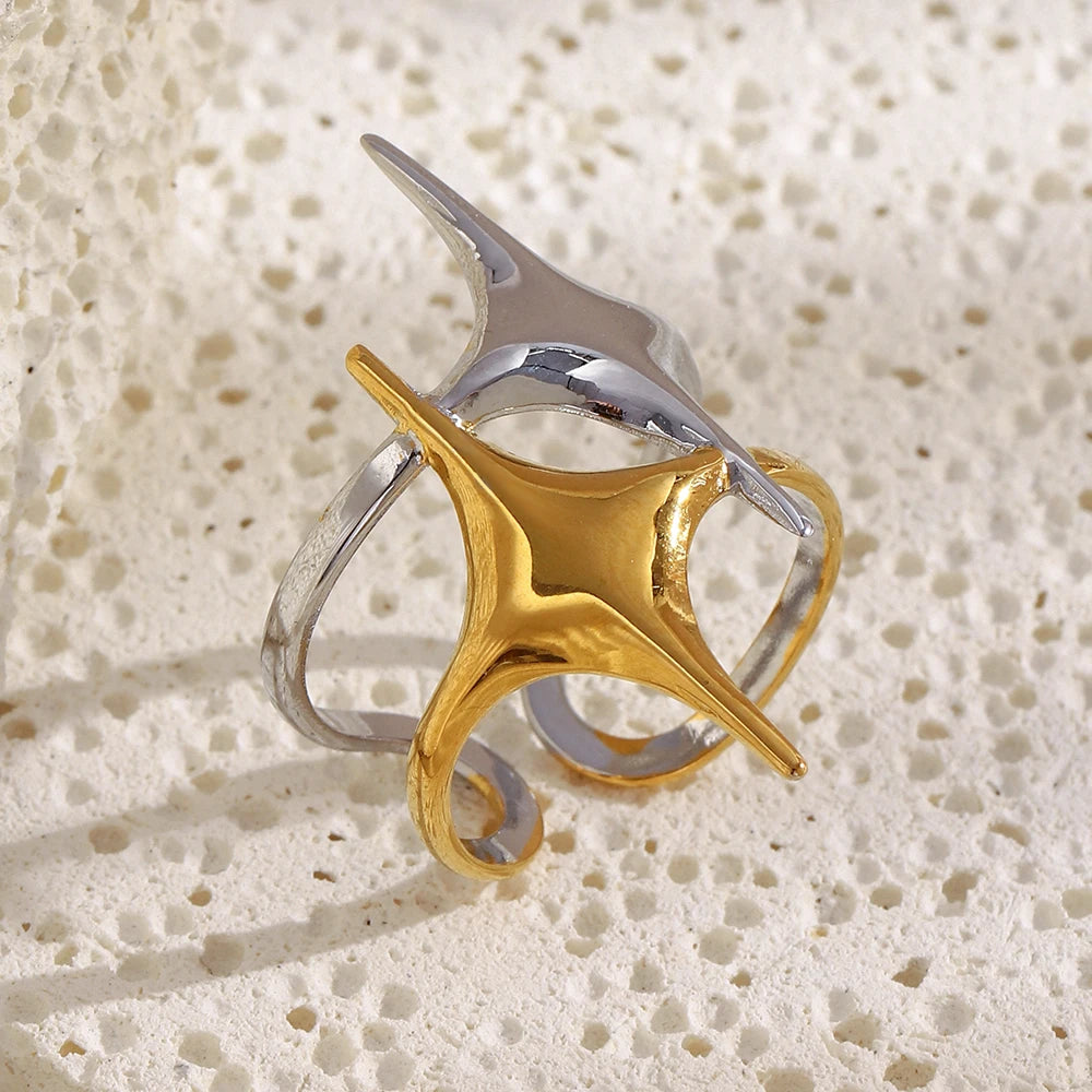 MamacitaSlay 316L Stainless Steel Mixed Color Double Star Open Ring Women's Party Waterproof 18K Gold Plated Ring Unique Ring