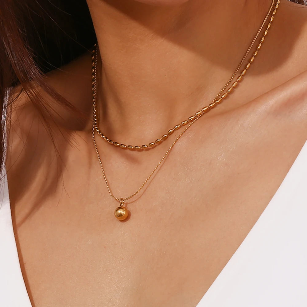 MamacitaSlay Classic Double Bead Chain Round Ball Pendant Waterproof Stainless Steel Jewelry Trend 2024 Necklaces For Women