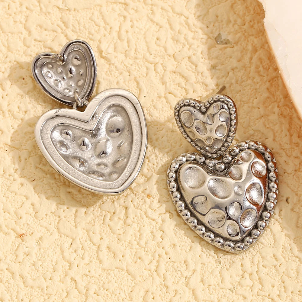 MamacitaSlay Vintage 316L Stainless Steel Hammered Double Heart Earrings 18K Gold Plated Waterproof Jewelry For Women Daily Wear
