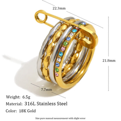 MamacitaSlay 316L Stainless Steel Zircon Mixed Color Multilayer Paperclip Ring Party Waterproof Jewelry Women's Unique Ring Gift